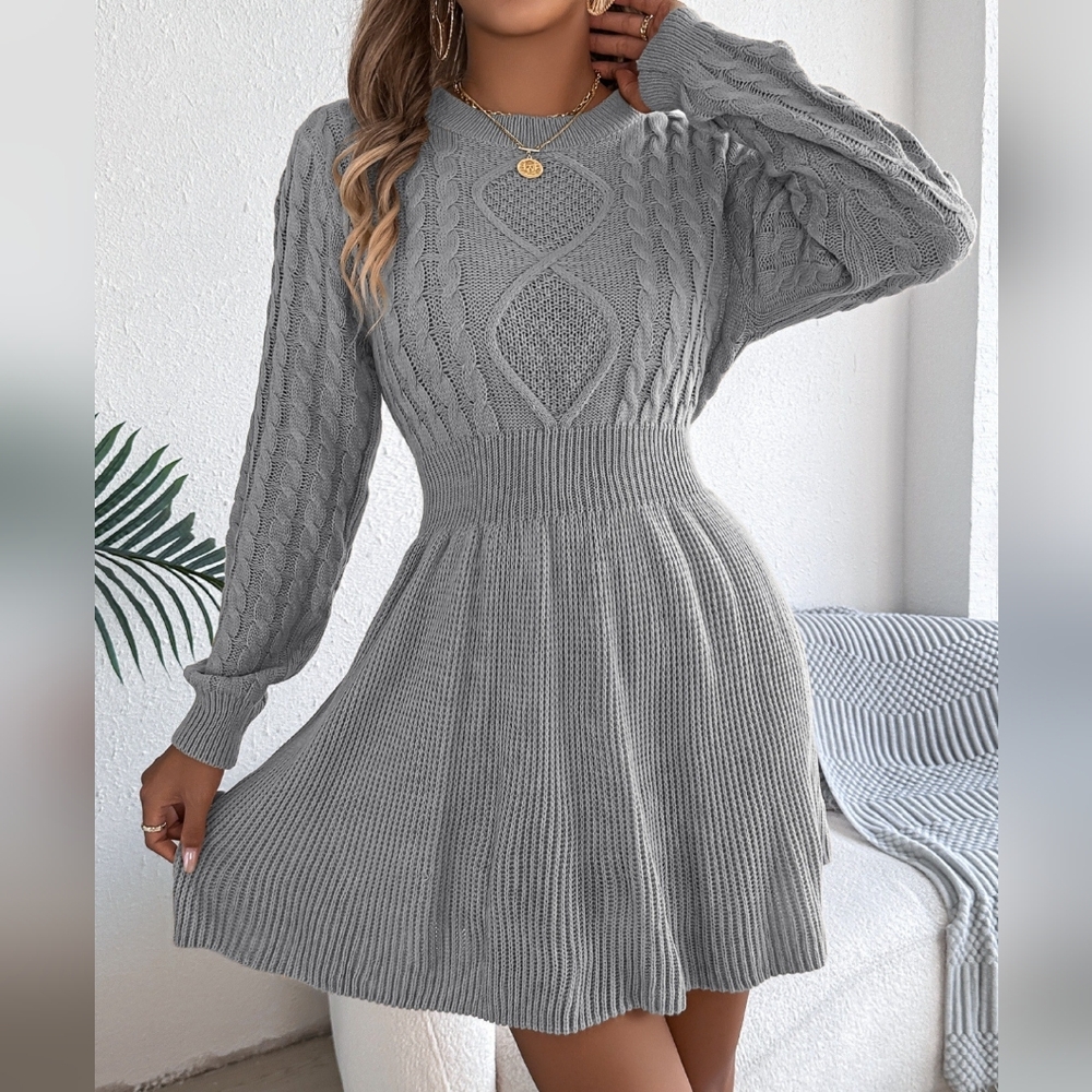 Gray Cable Knit Sweater Dress